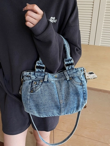 Retro Gewassen Denim Tote Bag Voor Vrouwen Grote Capaciteit Schoudertas Met Metalen Klinknagels Contraststiksel Handtas