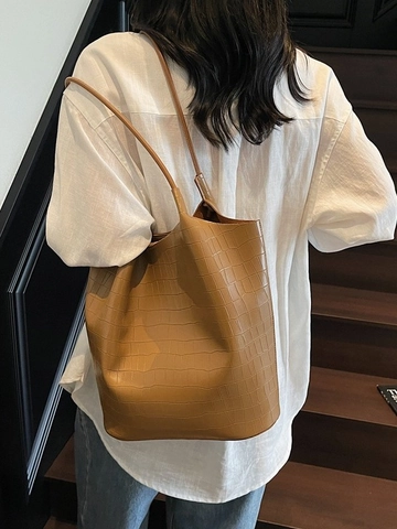 Damen Große Kapazität PU Leder Krokodilmuster Tote Bag Urban Minimalistische Schultertasche Mit Kleiner Tasche Pendler Büro Shopper