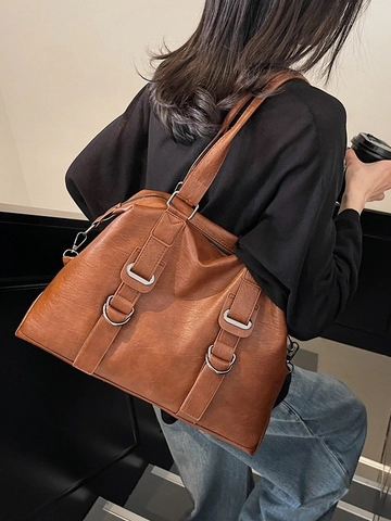 Große Kapazität Damen Tote Bag Vintage PU Leder Schultertasche Mit Abnehmbarem Gurt Mode Pendler Handtasche