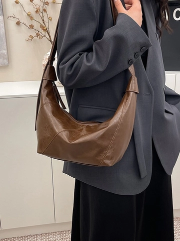Vintage PU Leather Hobo Shoulder Bag For Women Large Capacity Half Moon Underarm Bag With Adjustable Wide Strap Fashion Handbag