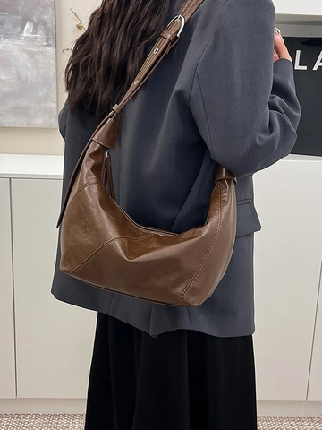Vintage PU Leather Hobo Shoulder Bag For Women Large Capacity Half Moon Underarm Bag With Adjustable Wide Strap Fashion Handbag