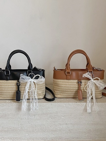 Borsa a Mano in Paglia Donna Patchwork PU Borsa a Tracolla Con Fiocco in Pizzo Ciondolo Perla Artificial Borsa Vacanza
