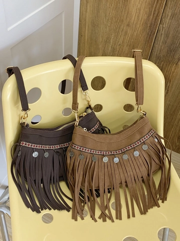 Sac à Épaule Bohème en Suédine avec Glands Femme Vintage Ethnique Sac Bandoulière Pièces Métal Bande Tissée Géométrique