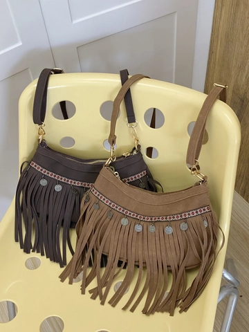 Sac à Épaule Bohème en Suédine avec Glands Femme Vintage Ethnique Sac Bandoulière Pièces Métal Bande Tissée Géométrique