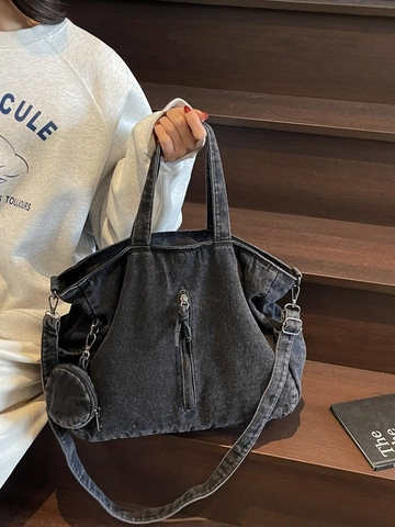 Dames Grote Capaciteit Denim Tote Bag Vintage Gewassen Canvas Schoudertas Met Ronde Portemonnee Crossbody Handtas Dagelijkse Tas