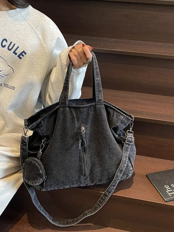 Dames Grote Capaciteit Denim Tote Bag Vintage Gewassen Canvas Schoudertas Met Ronde Portemonnee Crossbody Handtas Dagelijkse Tas