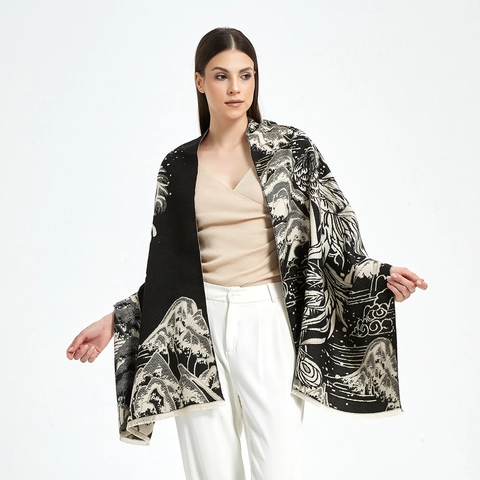 Chinese Style Landscape Pattern Imitation Cashmere Shawl For Women Winter Warm Jacquard Scarf With Tassels Retro Elegant Pashmina Wrap