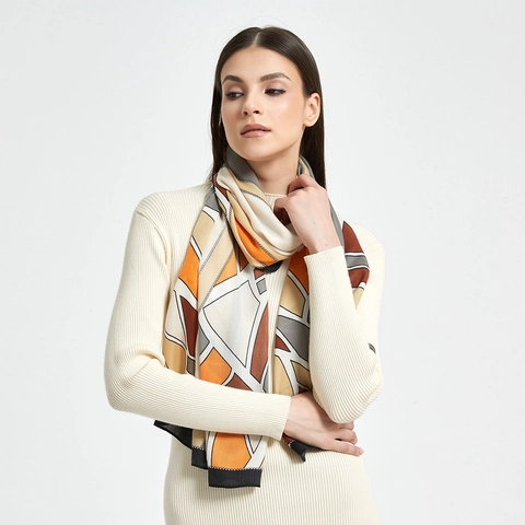 Eleganter Damen Fischgrätenmuster Satin Schal Geometrischer Druck Großer Schal Polyester Weiche Textur Halstuch Vielseitiges Modeaccessoire