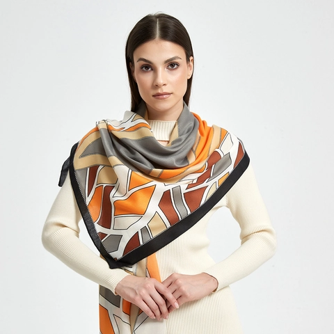 Eleganter Damen Fischgrätenmuster Satin Schal Geometrischer Druck Großer Schal Polyester Weiche Textur Halstuch Vielseitiges Modeaccessoire