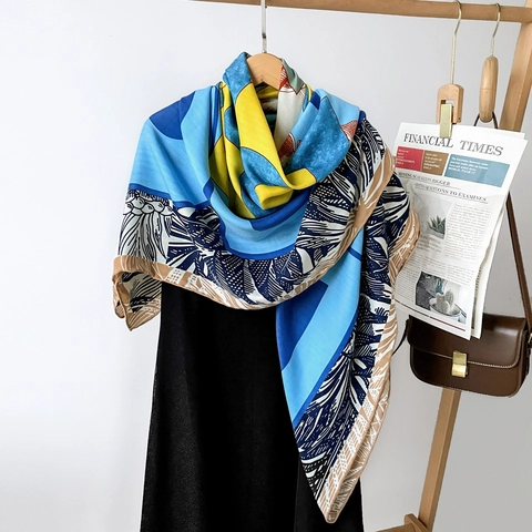 Luxury Satin Shawl For Women Large Square Scarf With Herringbone Pattern Elegant Printed Fashion Hijab Wrap Lady Foulard