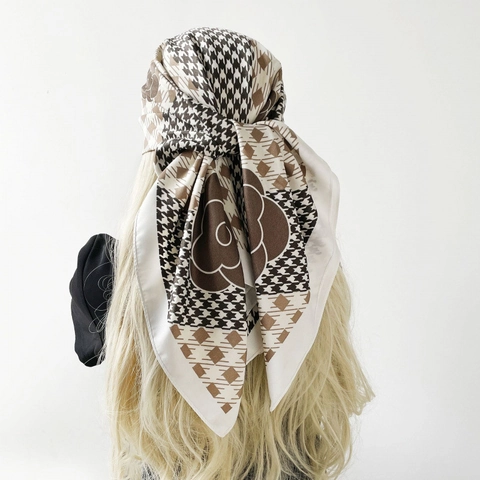Dames Satijn Vierkante Sjaal Franse Elegantie Vintage Hahnentritt Camellia Bloemenprint Bandana Halssjaal Mode Hoofddoek
