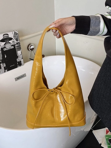 Bolso Hobo Retro de Gran Capacidad para Mujer con Lazo de Cuero PU Brillante Bolso de Hombro Color Sólido Moda Viaje