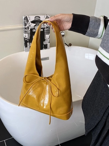 Bolso Hobo Retro de Gran Capacidad para Mujer con Lazo de Cuero PU Brillante Bolso de Hombro Color Sólido Moda Viaje