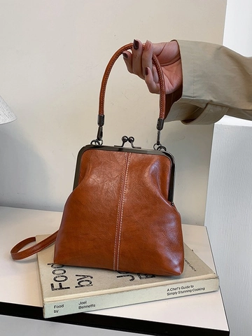 Vintage PU Leder Schultertasche Für Damen Retro Arzttasche Mit Ziernähten Verstellbarer Gurt Pendeltasche Handtasche
