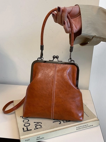 Vintage PU Leder Schultertasche Für Damen Retro Arzttasche Mit Ziernähten Verstellbarer Gurt Pendeltasche Handtasche