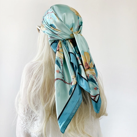 Vintage Satin Square Scarf Magnolia Floral Print Elegant Women Headscarf Large Shawl Fashion Accessories Gift For Ladies