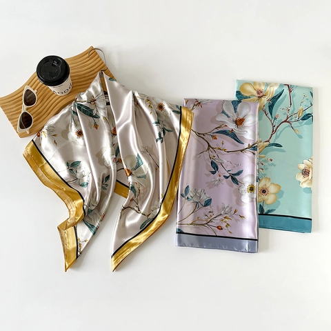 Vintage Satin Square Scarf Magnolia Floral Print Elegant Women Headscarf Large Shawl Fashion Accessories Gift For Ladies