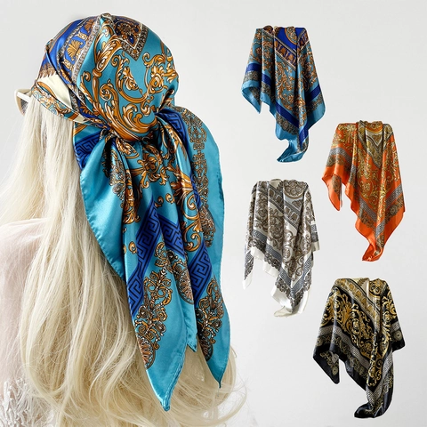 Pañuelo Cuadrado de Satén con Estampado Barroco para Mujer Borde de Greca Griega Retro Diadema de Seda de Imitación Accesorios de Moda Elegantes