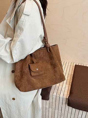 Bolso Tote Para Mujer De Gran Capacidad En PU Efecto Ante Retro Bolso De Hombro Con Mini Neceser Color Sólido Bolso De Moda