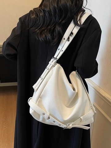 Borsa a Spalla in Pelle PU Vintage Grande Capacità Con Fibbia per Cintura Rivetto Occhiello Decor Streetwear Tote Bag Donna
