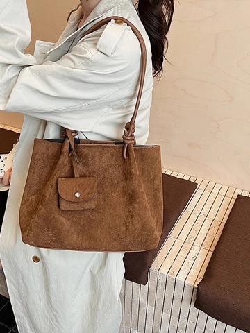Bolso Tote Para Mujer De Gran Capacidad En PU Efecto Ante Retro Bolso De Hombro Con Mini Neceser Color Sólido Bolso De Moda