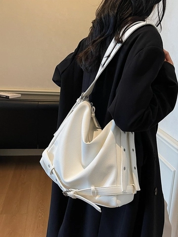 Borsa a Spalla in Pelle PU Vintage Grande Capacità Con Fibbia per Cintura Rivetto Occhiello Decor Streetwear Tote Bag Donna