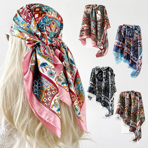 Bohemian Satin Square Scarf Floral Butterfly Print Retro Headscarf Shawl Fashionable Hair Neck Accessories Elegant Scarf For Women