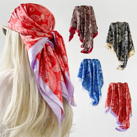 Foulard Quadrato in Raso con Stampa Paisley da Donna Bandana Vintage Bohemien Grande Scialle Decorativo Effetto Seta per Viaggio Quotidiano