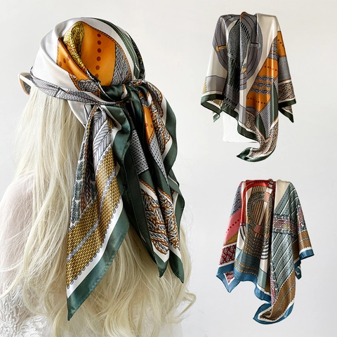 Carré de Soie en Satin pour Femme Imprimé Équestre Rétro Bandana Élégant Foulard en Polyester Accessoire de Mode Voyage