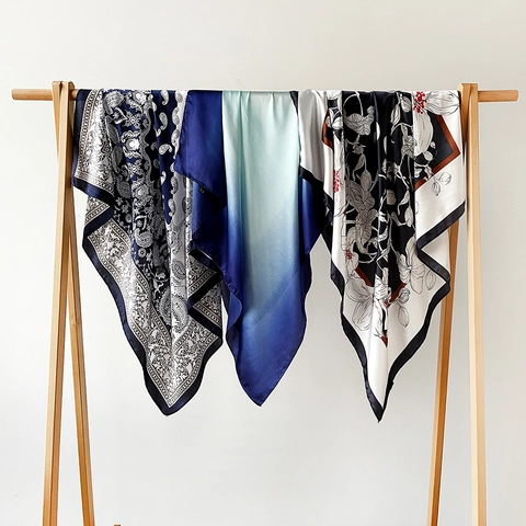 Women Elegant Satin Printed Square Scarf Retro Floral Paisley Zebra Leopard Pattern Large Hair Bandana Neck Scarf Wrap