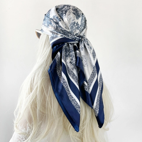 Women Satin Square Scarf Vintage French Toile De Jouy Print Lightweight Headscarf Neck Scarf For Hair Wrap Elegant Fashion Accessories