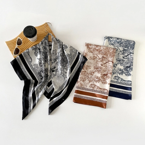 Women Satin Square Scarf Vintage French Toile De Jouy Print Lightweight Headscarf Neck Scarf For Hair Wrap Elegant Fashion Accessories