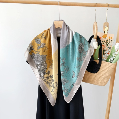 Women Vintage Floral Print Satin Square Scarf Elegant Decorative Silk Feel Wrap Shawl Splicing Butterfly Pattern Scarf
