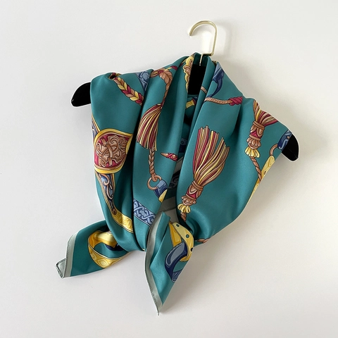 Women Elegant Equestrian Print Satin Square Scarf Luxury Twill Neckerchief Retro Pattern Large Head Scarf For Ladies