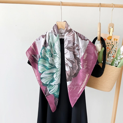 Women's Elegant Floral Printed Satin Square Scarf Lightweight Fashionable Silk-Like Large Shawl For Daily Office Decoration