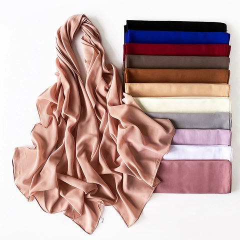 Damen Einfarbiger Künstliche Perlen-Chiffon Hidschab Satin Langer Schal Leicht Atmungsaktiv Muslimischer Kopfwickel Ethnische Stil Schal