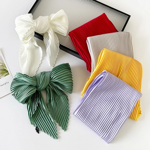 Pleated Satin Square Scarf Women Solid Color Elegant Neck Scarf Faux Satin Decorative Headscarf Hair Wrap
