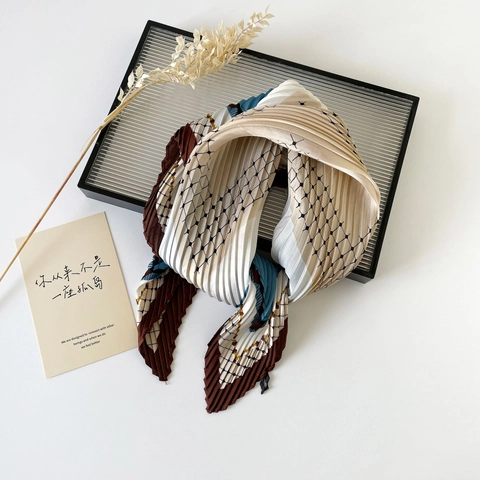 Plissé Pleated Square Scarf For Women Vintage Floral Print Satin Chiffon Neck Head Wrap Pastoral Style Fashion Accessory