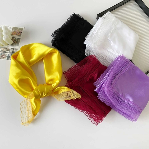 Elegant Satin Square Scarf For Women With Delicate Lace Edge Solid Color Silky Neck Scarf Fashion Accessory Headscarf Shawl