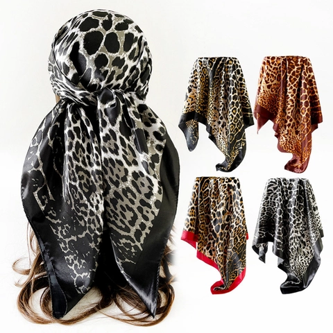 Leopard Print Satin Square Scarf Silk Like Satin Bandana For Women Large Headscarf Vintage Neck Scarf For Vacation Decor