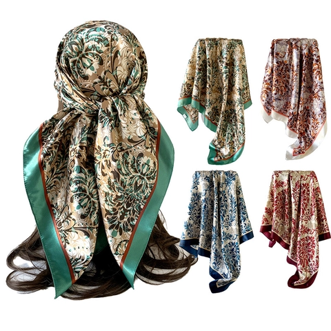Pañuelo Cuadrado de Satén con Estampado de Damasco Vintage para Mujer Pañuelo Estilo Barroco Bandana Tacto Seda Accesorio