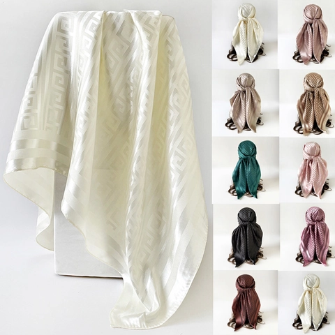 Elegant Greek Key Pattern Satin Square Scarf For Women Lightweight Imitation Silk Shawl Fashion Hair Bandana Head Wrap Accessory