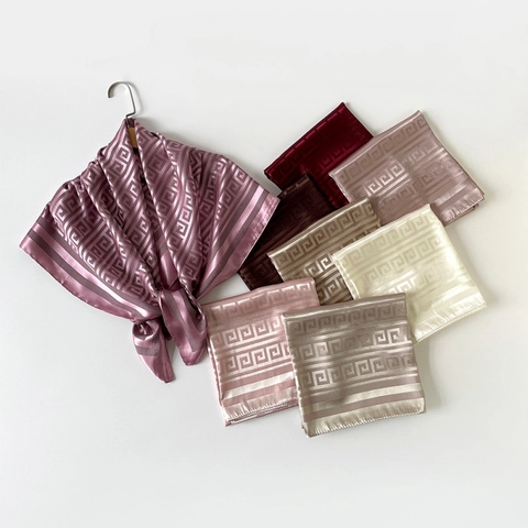 Elegant Greek Key Pattern Satin Square Scarf For Women Lightweight Imitation Silk Shawl Fashion Hair Bandana Head Wrap Accessory