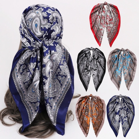 Vintage Paisley Print Satin Square Scarf For Women Large Silk Like Headscarf Neck Scarf Hair Band Fashion Shawl Accessories