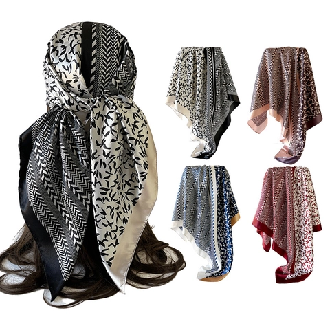 Women Satin Large Square Scarf Turban Headband Neck Scarf With Birds And Herringbone Printed Vintage Style Silk Like Bandana Accessories