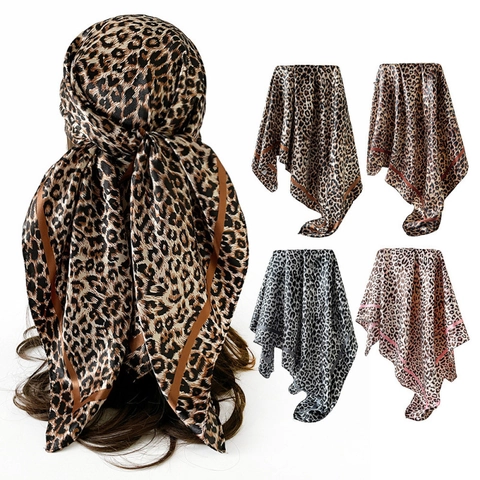 Women's Leopard Print Satin Square Scarf Elegant Imitation Silk Headband Neck Scarf Vintage Fashion Hair Accessories