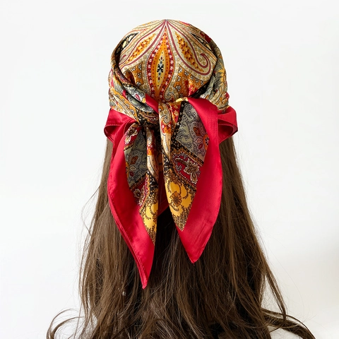 Boho Paisley Blumenmuster Satin Quadrat-Schal Damen Vintage Seidenähnliches Stirnband Halstuch Mode Haar-Accessoire
