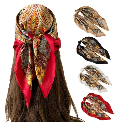 Boho Paisley Blumenmuster Satin Quadrat-Schal Damen Vintage Seidenähnliches Stirnband Halstuch Mode Haar-Accessoire