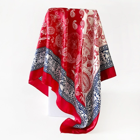 Women Paisley Print Satin Square Scarf Vintage Headwrap Silky Polyester Large Bandana Headscarf Shawl For Beach Travel Accessory