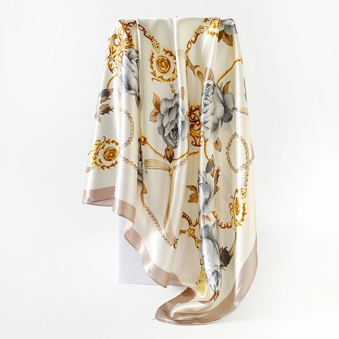 Dames Elegante Satijnen Vierkante Sjaal Vintage Roos Bloem Ketting Print Hoofddoek Mode Zijdegevoel Grote Haar Bandana